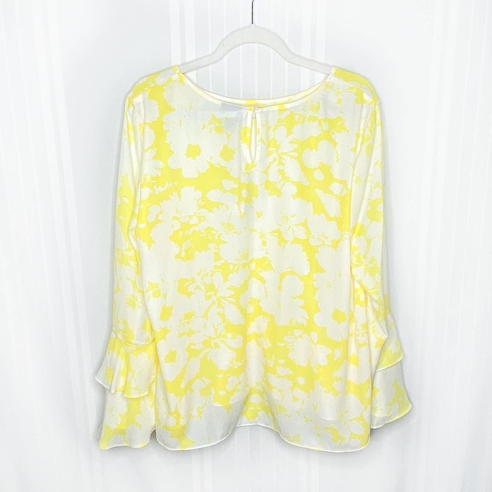 Worthington Long Sleeve Ruffle Keyhole Back Watercolor Blouse Yellow White XXL